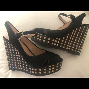Tory Burch Black Ollie Suede Polka Dot Wedges